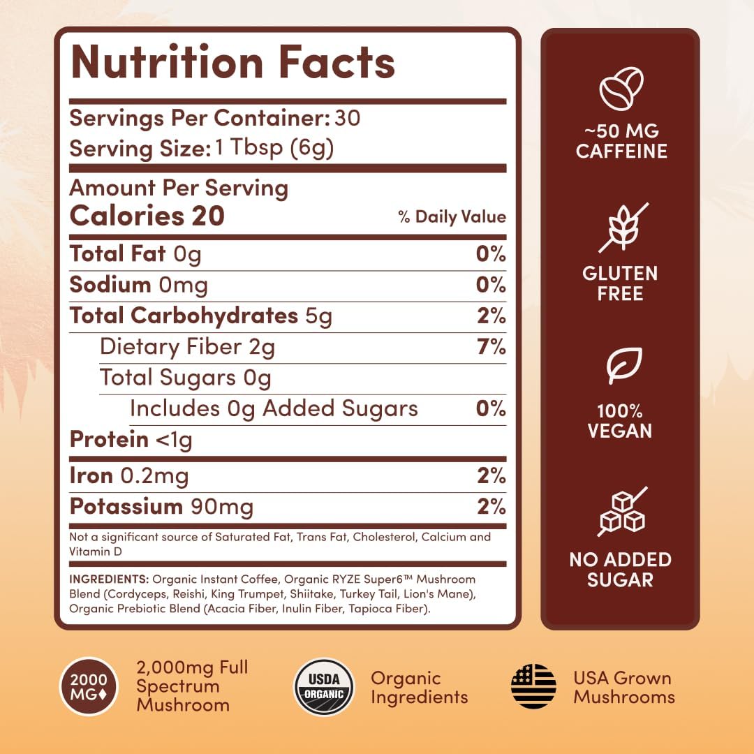 RYZE Organic Mushroom Coffee, Adaptogenic Blend, 30 Servings