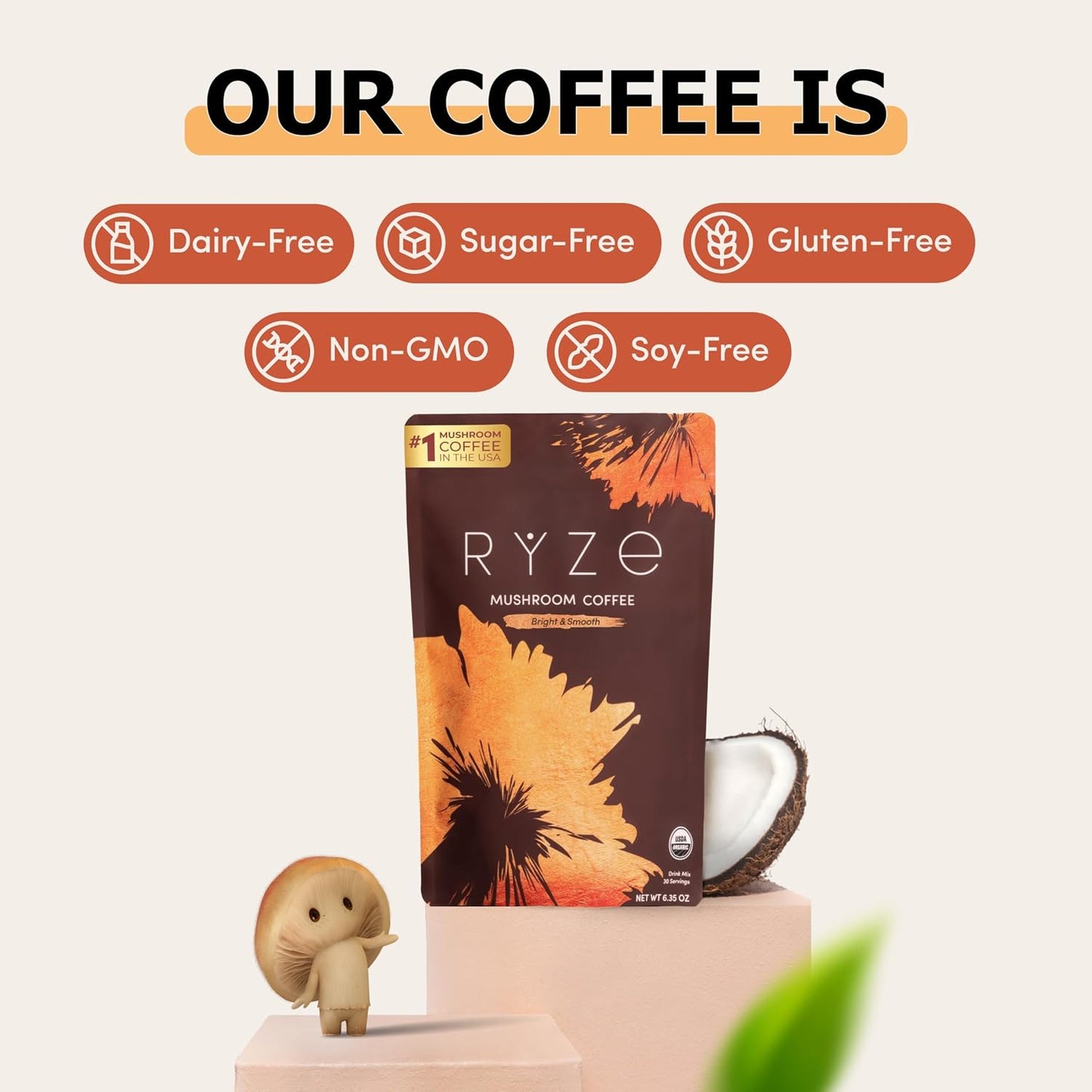 RYZE Organic Mushroom Coffee, Adaptogenic Blend, 30 Servings