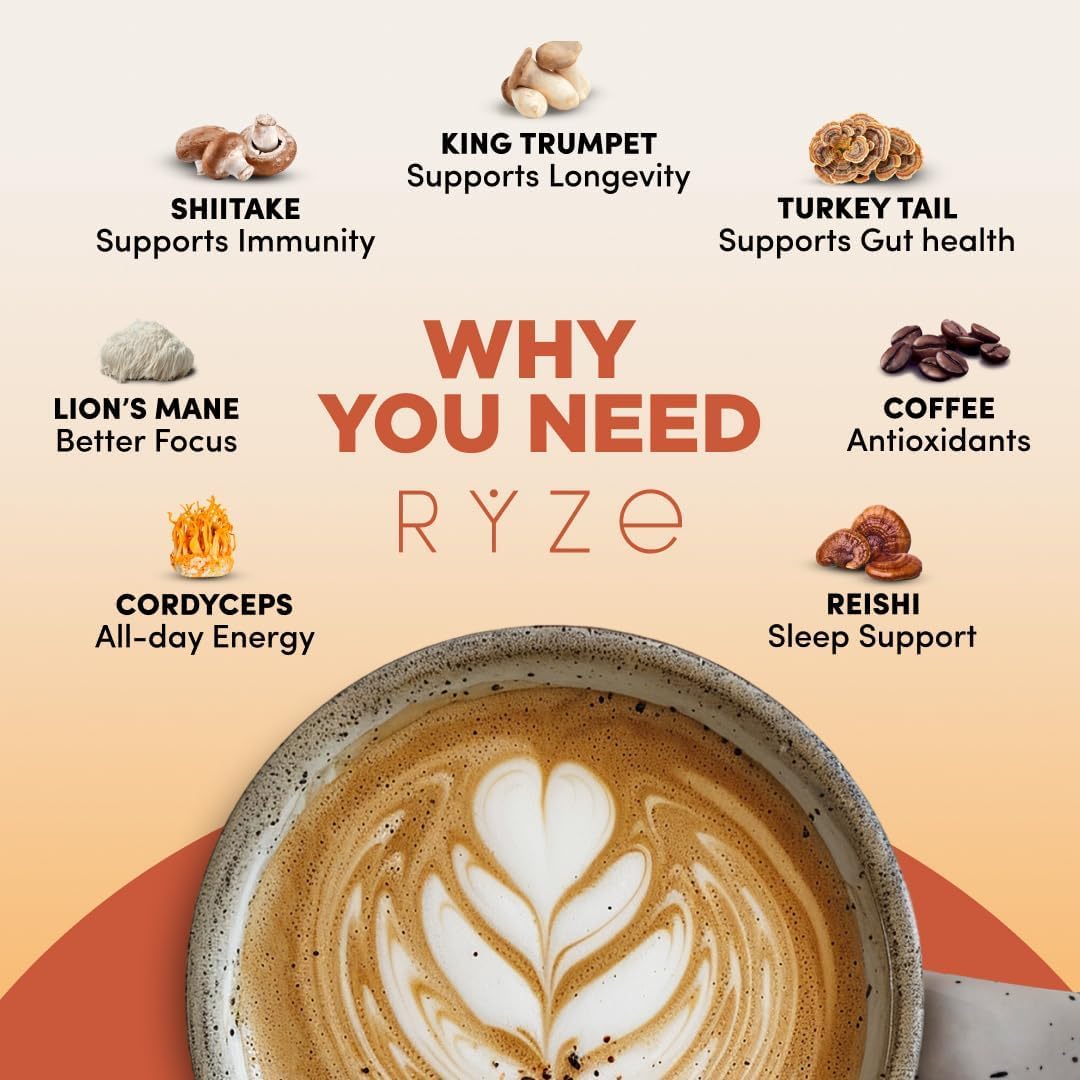 RYZE Organic Mushroom Coffee, Adaptogenic Blend, 30 Servings